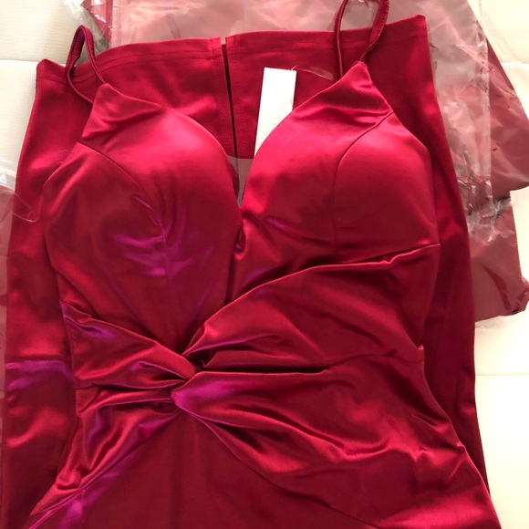 Red Satin Stretch Formal Bodycon Midi Fitted Dress - Picture 8 of 8